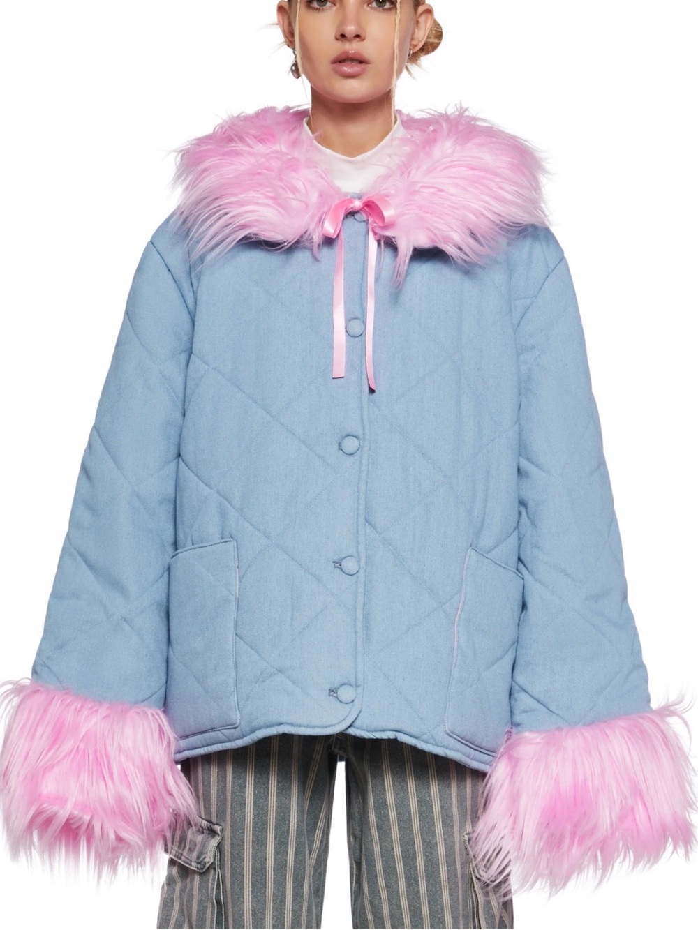 dELiA*s Light Blue Quilted Jacket with Pink Faux Fur Trim